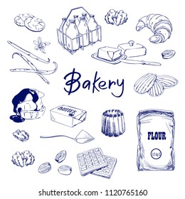 Hand drawn sketch with bread, pastry, sweet. Bakery set vector illustration. Background template for design. Engraved food image