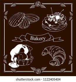 Hand drawn sketch with bread, pastry, sweet. Bakery set vector illustration. Background template for design. Engraved food image