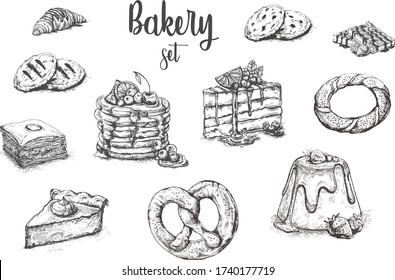 Hand drawn sketch with bread, pastry, sweet. Bakery set vector illustration. Desserts set. Cakes, biscuits, baking, cookies, pastries.