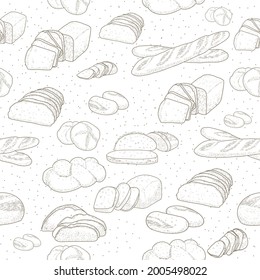 Hand drawn sketch with bread, pastry, sweet. Bakery set in engraved style. Seamless Pattern Bread Set for packaging design