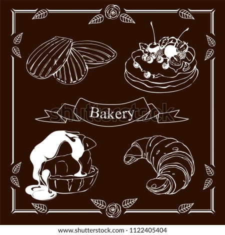 Hand drawn sketch with bread, pastry, sweet. Bakery set vector illustration. Background template for design. Engraved food image