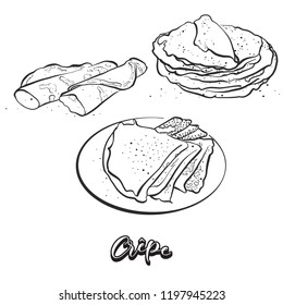 Hand drawn sketch of Crêpe bread. Vector drawing of Pancake food, usually known in France. Bread illustration series.