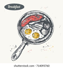 Hand drawn sketch. Breakfast set. Frying pan with fried with eggs, potatoes, sausages and bacon. Vector vintage illustration. Isolated object on light beige background. Menu design