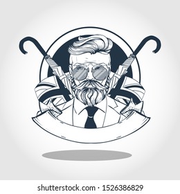 Hand drawn sketch, british man with beard and mustaches and umbrella. Poster, flyer design