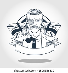 Hand drawn sketch, british man with smoking pipe. Poster, flyer design