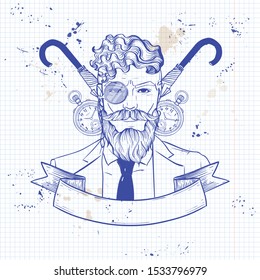 Hand drawn sketch, british man with beard and mustaches and umbrella and clock. Poster, flyer design on a notebook page