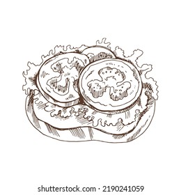 Hand drawn sketch of bruschetta with tomatoes and lettuce. Sandwich, toasted baguette, toast, slice of bread. Vector illustration. 