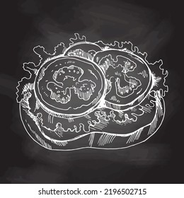 Hand drawn sketch of bruschetta with tomatoes and lettuce. Sandwich, toasted baguette, toast, slice of bread. White sketch isolated on black chalkboard. Icons and elements for print, labels, packaging