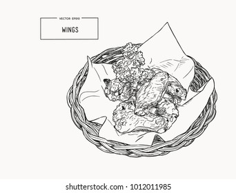 Hand drawn sketch buffalo chicken wings. Vector black and white vintage illustration. Isolated object on white background. Menu design