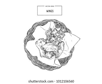 Hand drawn sketch buffalo chicken wings. Vector black and white vintage illustration. Isolated object on white background. Menu design