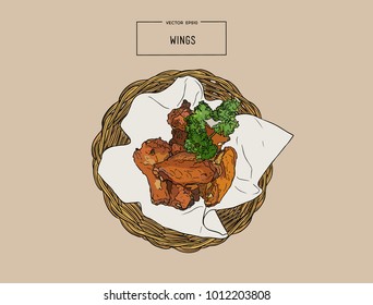 Hand drawn sketch buffalo chicken wings in basket.