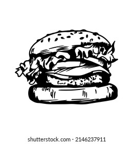 Hand drawn sketch burger menu with hamburger, cheeseburger. Fast food with meat, vegetable burger, onion ring, lettuce, sauce,  vector isolated line on white background