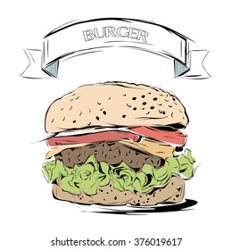 Hand drawn sketch burger .Vector illustration. Restaurant menu design