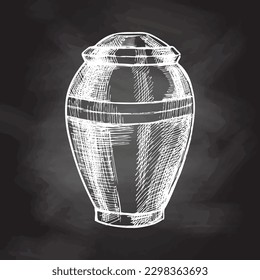 Hand drawn sketch of burial urn with ashes. Funeral service vector hand drawn design. Sketch illustration for condolence card isolated on chalkboard background. Last farewell for dead person.