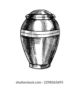 Hand drawn sketch of burial urn with ashes. Funeral service vector hand drawn design. Sketch illustration for condolence card. Last farewell for dead person