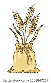 Hand drawn sketch of a burlap sack containing wheat stalks, representing agriculture and harvest time