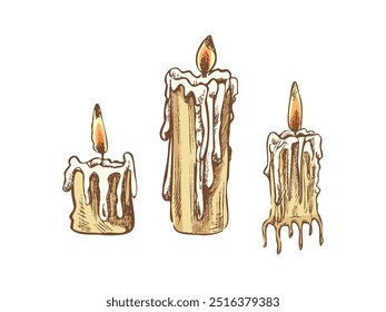 Hand drawn sketch of burning candle. Vector illustration of a vintage style. Halloween or Christmas drawing.	