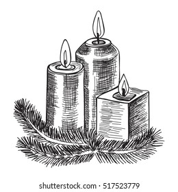 Hand drawn sketch Burning candle in christmas candlestick of fir branches. Vector illustration.