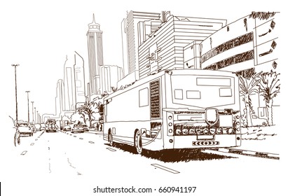 Hand drawn sketch of Bus with building Dubai in vector illustration