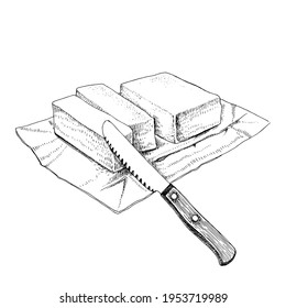 Hand drawn sketch butter with a knife.