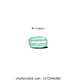 Hand drawn Sketch Cake macaron, macaroon isolated on white background. turquoise je teme Love macaron, macaroon biscuits, sweet and beautiful dessert. Fashion French pastry macarons