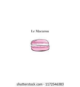 Hand Drawn Sketch Cake Macaron, Macaroon Isolated On White Background. Pink Le Macaron, Macaroon Biscuits, Sweet And Beautiful Dessert. Fashion French Pastry Macarons