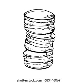 Hand drawn Sketch Cake macaron, macaroon isolated on white background.French pastry macarons