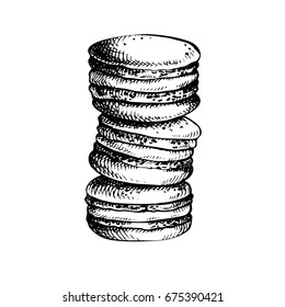 Hand drawn Sketch Cake macaroon isolated on white background. French pastry illustration.