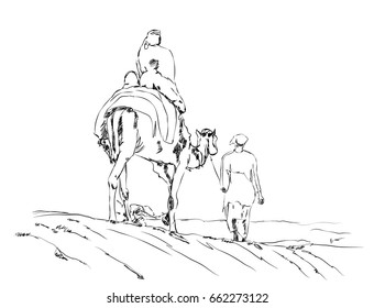 Hand drawn sketch of Camel riding in vector illustration