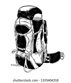 Hand drawn sketch of camping backpack in black isolated on white background. Detailed vintage style drawing. Vector illustration
