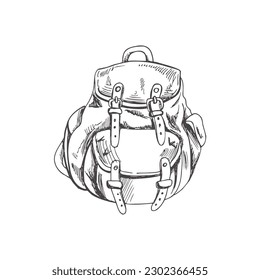 Hand drawn  sketch of camping backpack. Vintage vector illustration isolated on white background. Doodle drawing. 