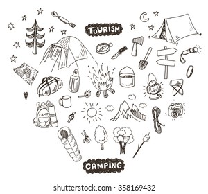 Hand drawn sketch camping icons set. 