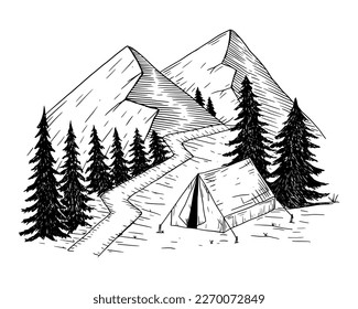 handgezeichnete Skizze des Campingplatzes im Berg. Naturlandschaftsgrafik
