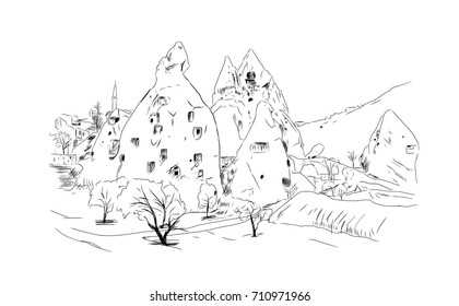 Hand drawn sketch of Cappadocia Turkey in vector illustration.