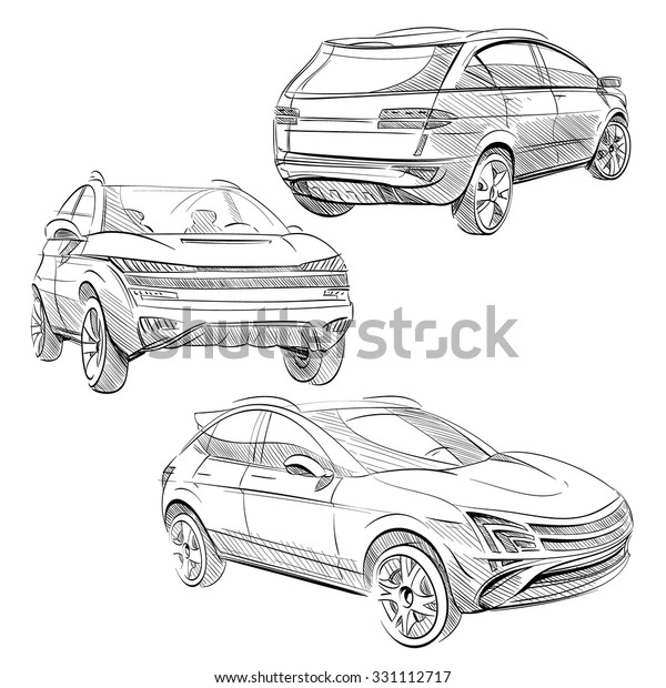 Hand\
drawn sketch car abstract vector design concept\
set