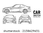 Hand drawn sketch car vector set. Front, back and side view. Sedan car. Pencil design.