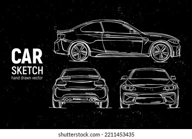 Hand drawn sketch car vector set. Front, back and side view. Sedan car. Pencil design.