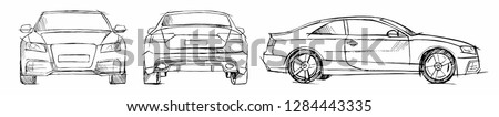 Hand drawn sketch car vector set. Front, back and side view. Pencil design.
