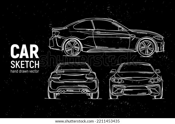 Hand drawn sketch car vector set. Front,\
back and side view. Sedan car. Pencil\
design.