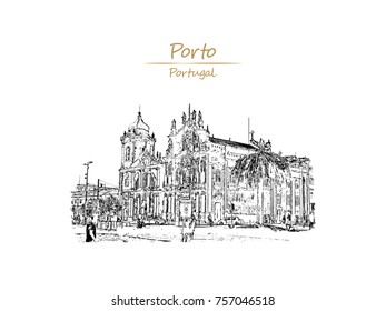 Hand drawn sketch of Carmelites church with Our Lady of Mount Carmel. Located in the center of Porto, Portugal in vector illustration.
