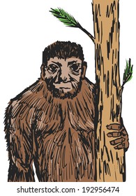 hand drawn, sketch, cartoon illustration of bigfoot