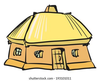hand drawn, sketch, cartoon illustration of Ukrainian house
