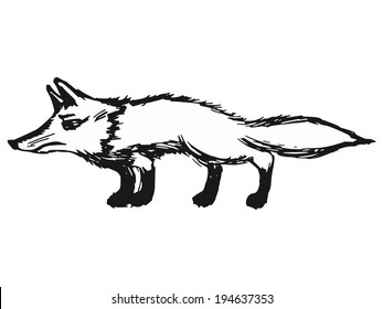 hand drawn, sketch, cartoon illustration of red fox