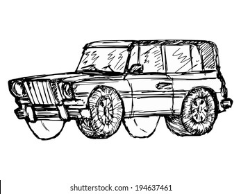 hand drawn, sketch, cartoon illustration of off-road car