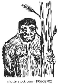 hand drawn, sketch, cartoon illustration of bigfoot