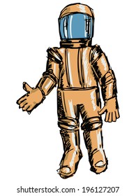 hand drawn, sketch, cartoon illustration of astronaut