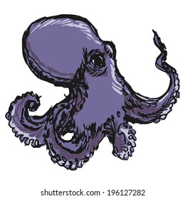 hand drawn, sketch, cartoon illustration of octopus