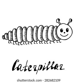 Hand Drawn, Sketch, Cartoon Illustration Of Caterpillar