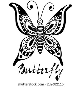 Hand drawn, sketch, cartoon illustration of butterfly
