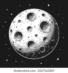 Handgezeichnete Skizze von Cartoon Moon Planet mit Kratern und Sternen auf schwarzem Hintergrund im Vintage Retro-Stil. Einfaches kreatives Moon-Logo-Design für T-Shirt-Print, Banner oder Poster. Vektorgrafik